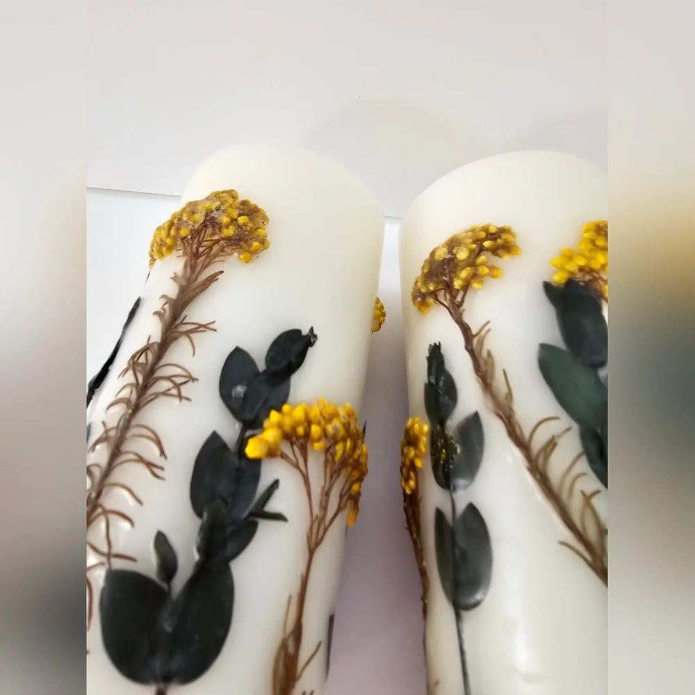 Pressed Floral Botanical Pillar Candles Set of 2